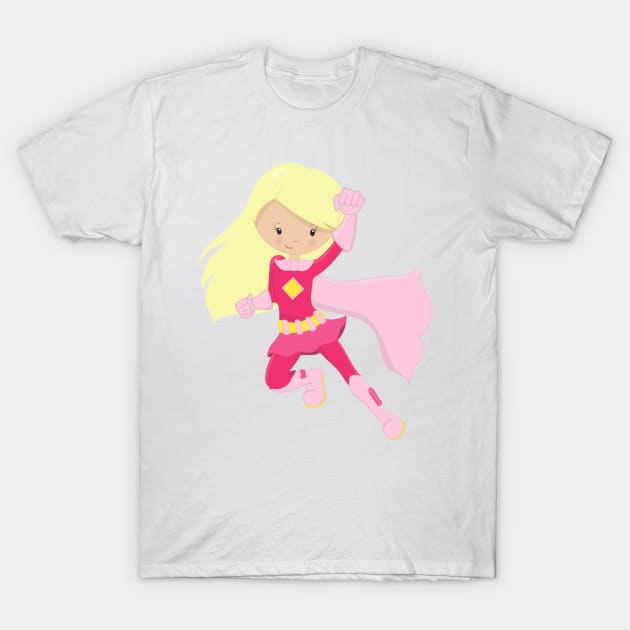 Superhero Girl, Cute Girl, Blonde Hair, Pink Cape T-Shirt by Jelena Dunčević